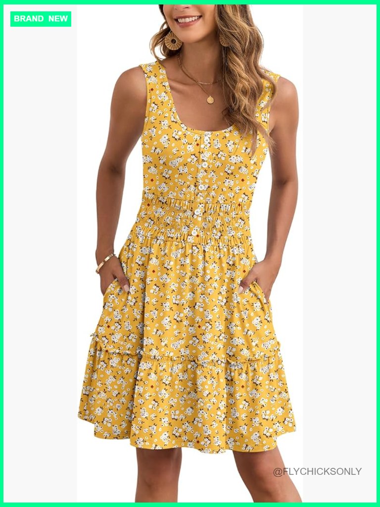 Sleeveless Summer Dress With Button Down Tiered Smocked Elastic Waist Pockets